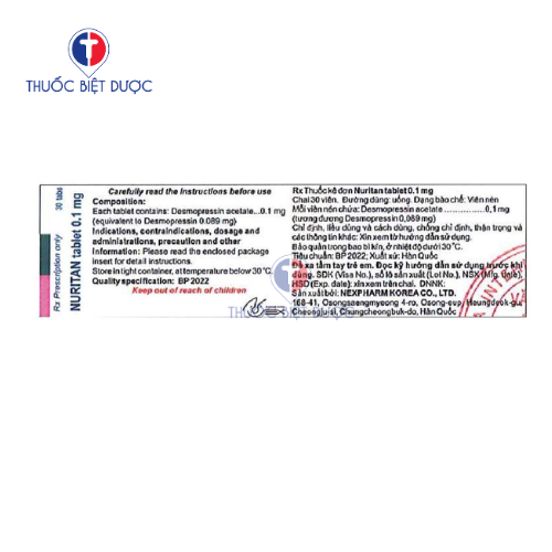 Nuritan Tablet 0.1 mg điều trị đái tháo nhạt trung ương